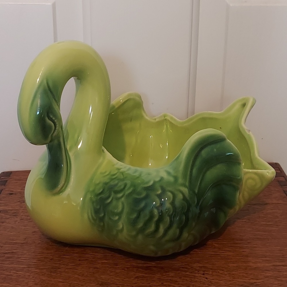 Vintage Coronet USA Pottery Swan Planter 213 Chartreuse Green Mid Century Modern